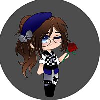 A gacha style illustration of a girl whic long brown hair, tied up into a pony tail with a bright blue ribbon and grey bow. The girl is wearing round glasses and winking, while holding a red rose in her left hand.