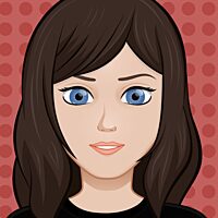 A cartoon close up face of a woman with long brown hair, a side sweeping fringe and blue eyes, in front of a red polka dot background