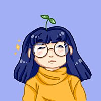 Illustration of a girl with blue hair and large round glasses, wearing a mustard yellow polo neck, with a green seedling growing out from the top of her head